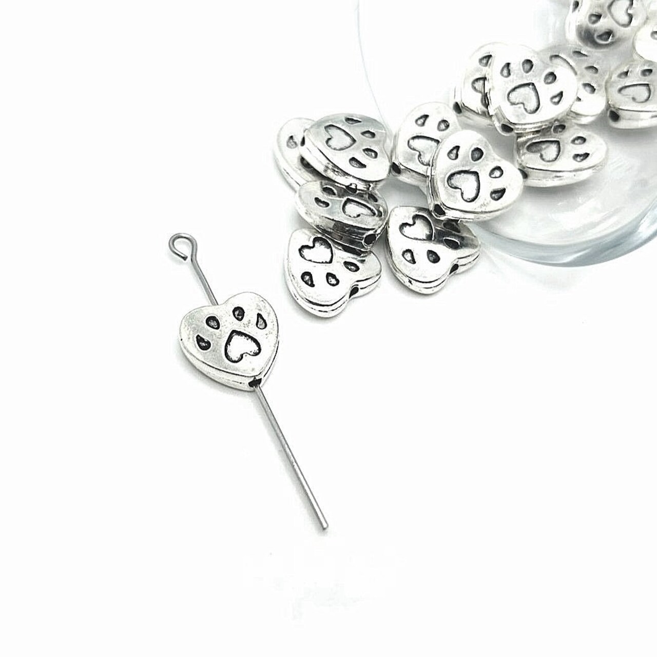 4, 20 or 50 Pieces: Heart Paw Spacer Charm Beads - Double Sided